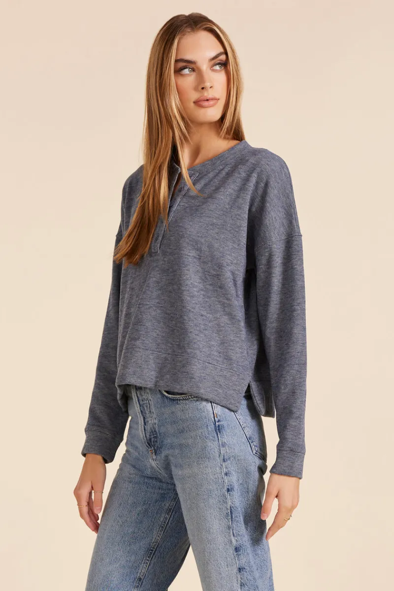 Sweaters|Tops*bobi Los Angeles BOXY HENLEY SWEATSHIRT BLUE