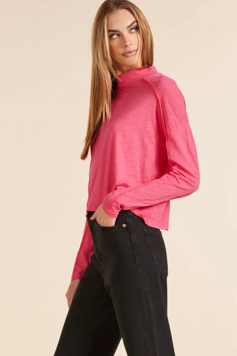 Tops*bobi Los Angeles MOCK NECK SLUBBED JERSEY TEE HOT FUCHSIA
