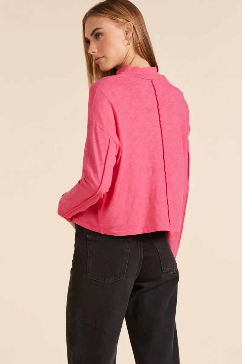 Tops*bobi Los Angeles MOCK NECK SLUBBED JERSEY TEE HOT FUCHSIA