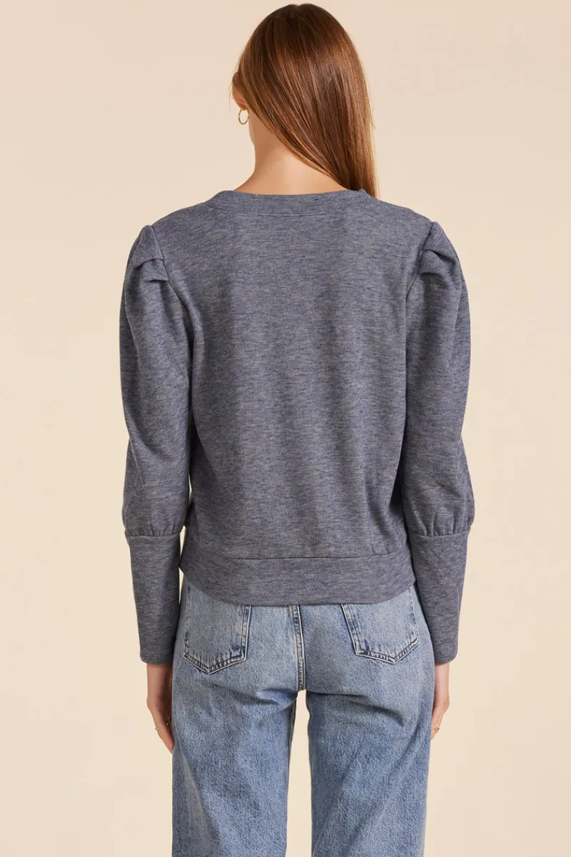 Sweaters|Tops*bobi Los Angeles PUFF SLEEVE V-NECK SWEATSHIRT BLUE