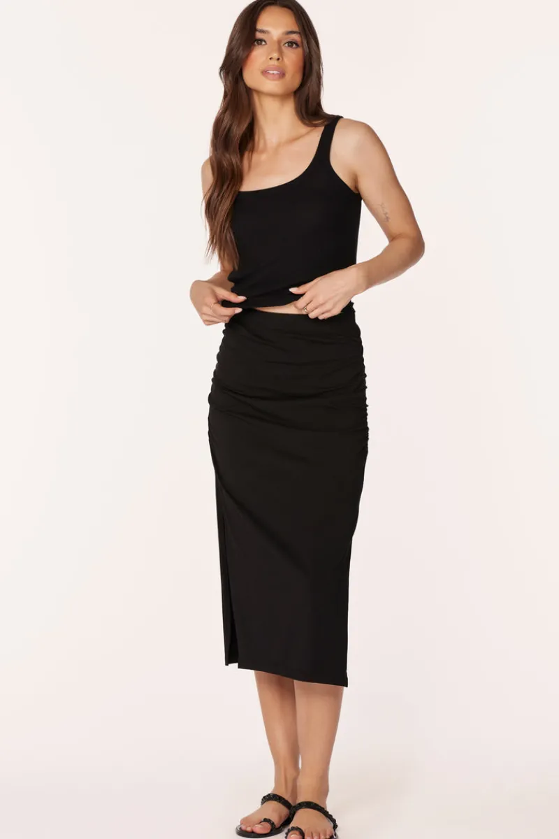 Bottoms*bobi Los Angeles SHIRRED MIDI SKIRT WITH SLITS BLACK