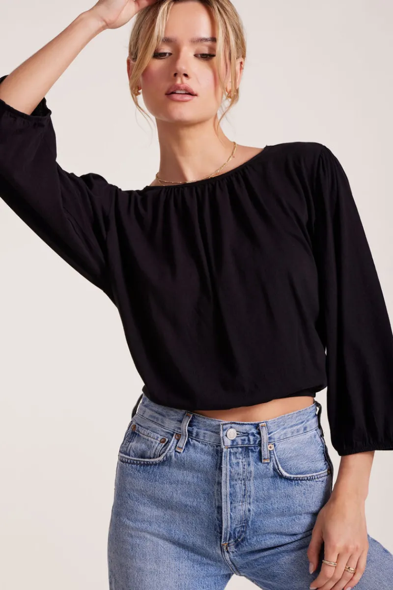 Tops*bobi Los Angeles SHIRRED 3/4 SLEEVE TEE BLACK