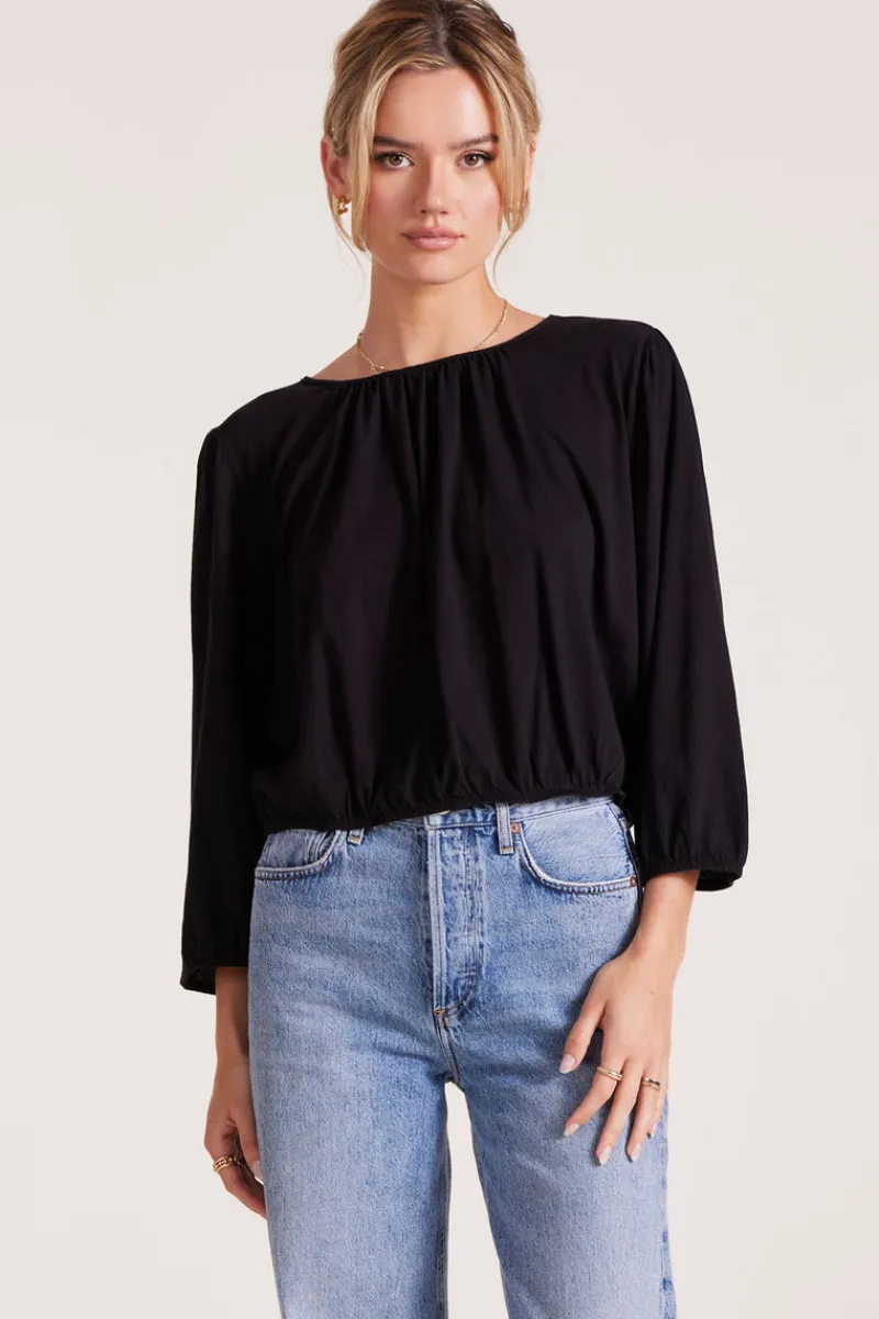 Tops*bobi Los Angeles SHIRRED 3/4 SLEEVE TEE BLACK