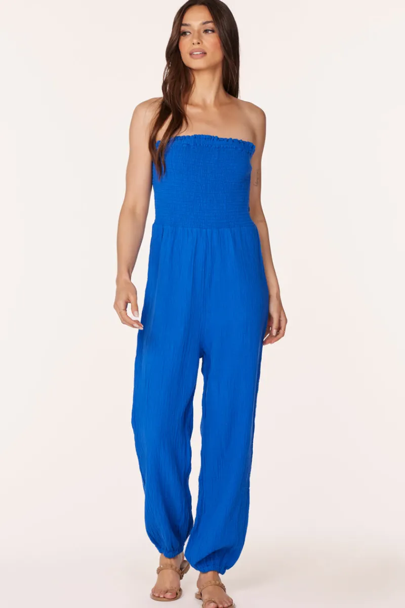 Jumpsuits*bobi Los Angeles SMOCKED TUBE TOP JUMPSUIT CERULEAN